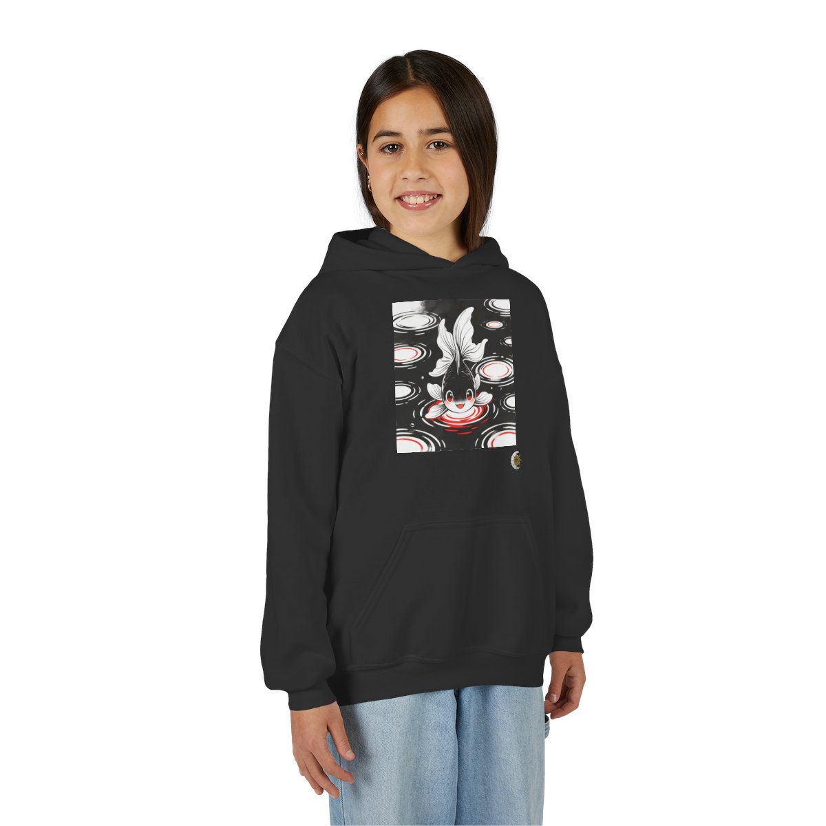 HD Ripplefin Friend Youth Pullover Hoodie in Black, front view on a model.