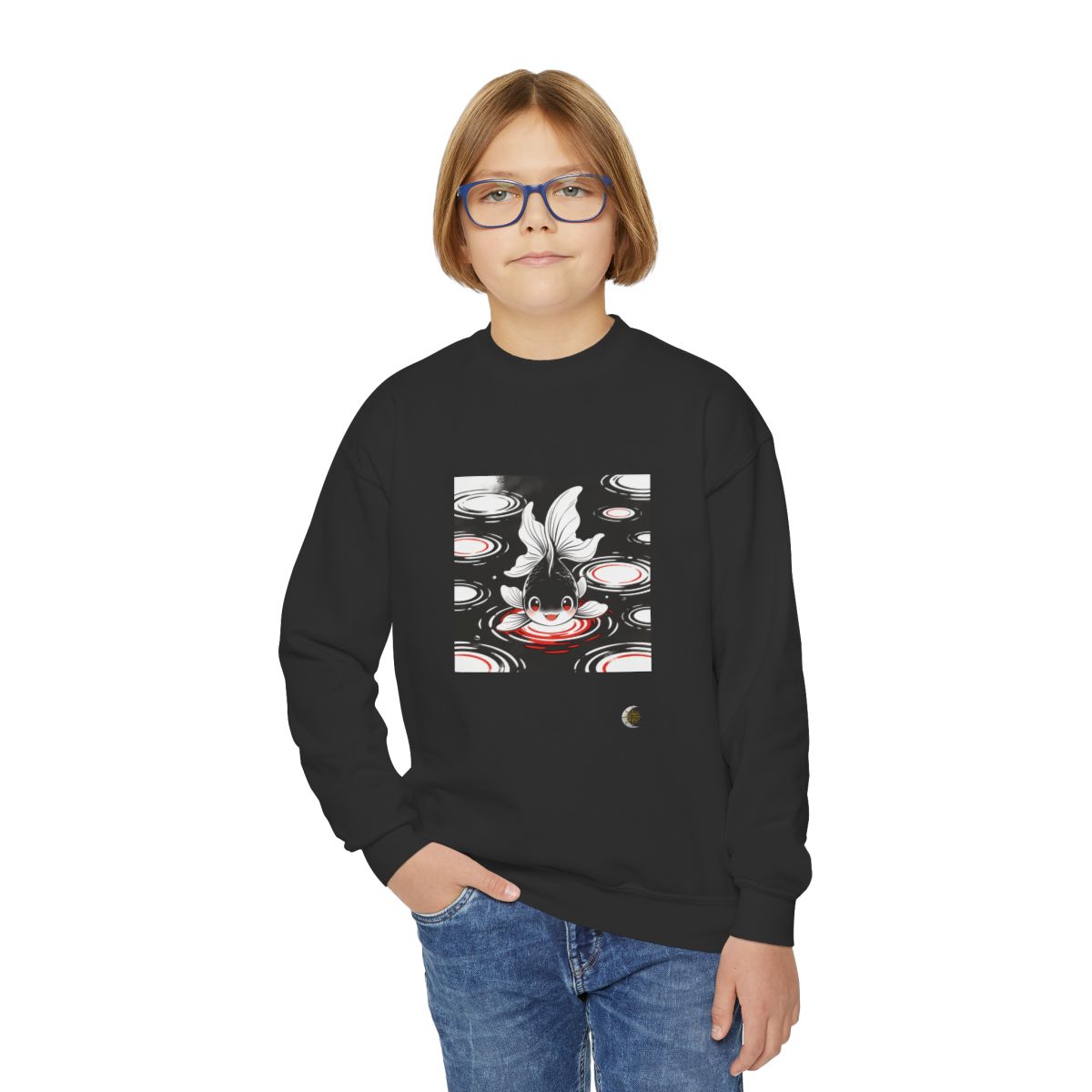 HD Ripplefin Friend Youth Crewneck Sweatshirt in Black, front view on a model.