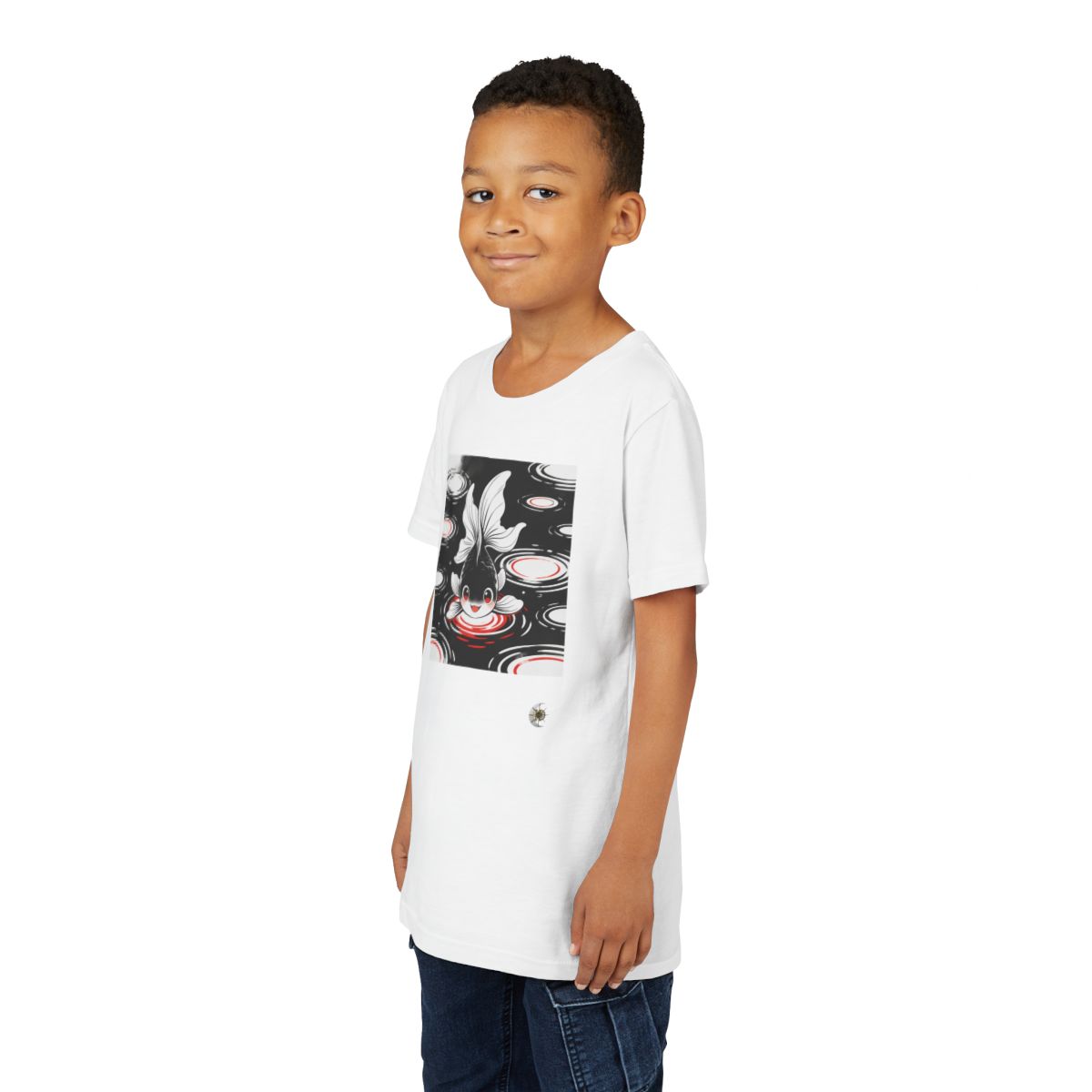 HD Ripplefin Friend Youth Short Sleeve Tee in White, front view on a model.