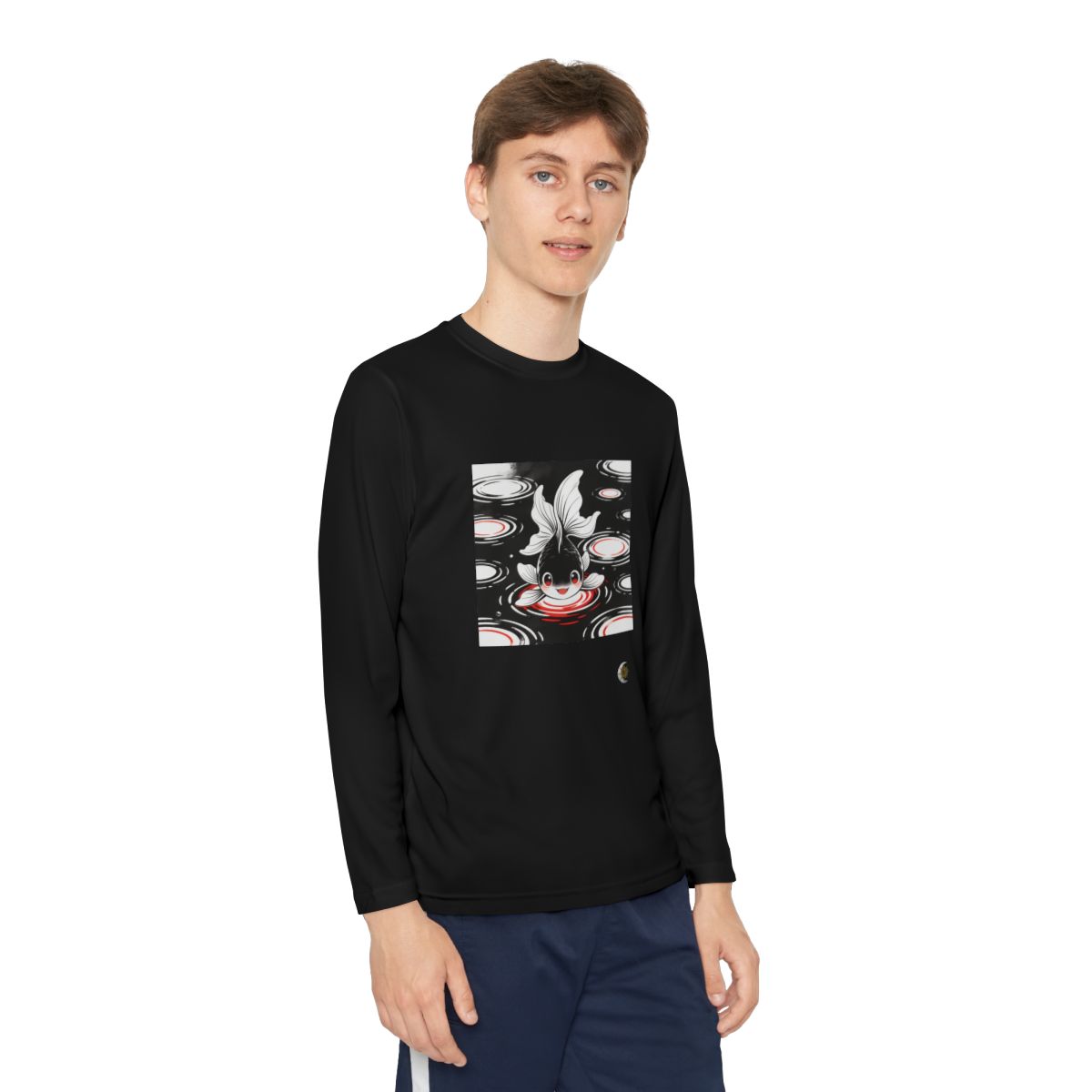 HD Ripplefin Friend Youth Long Sleeve Competitor Tee in Black, front view on a model.