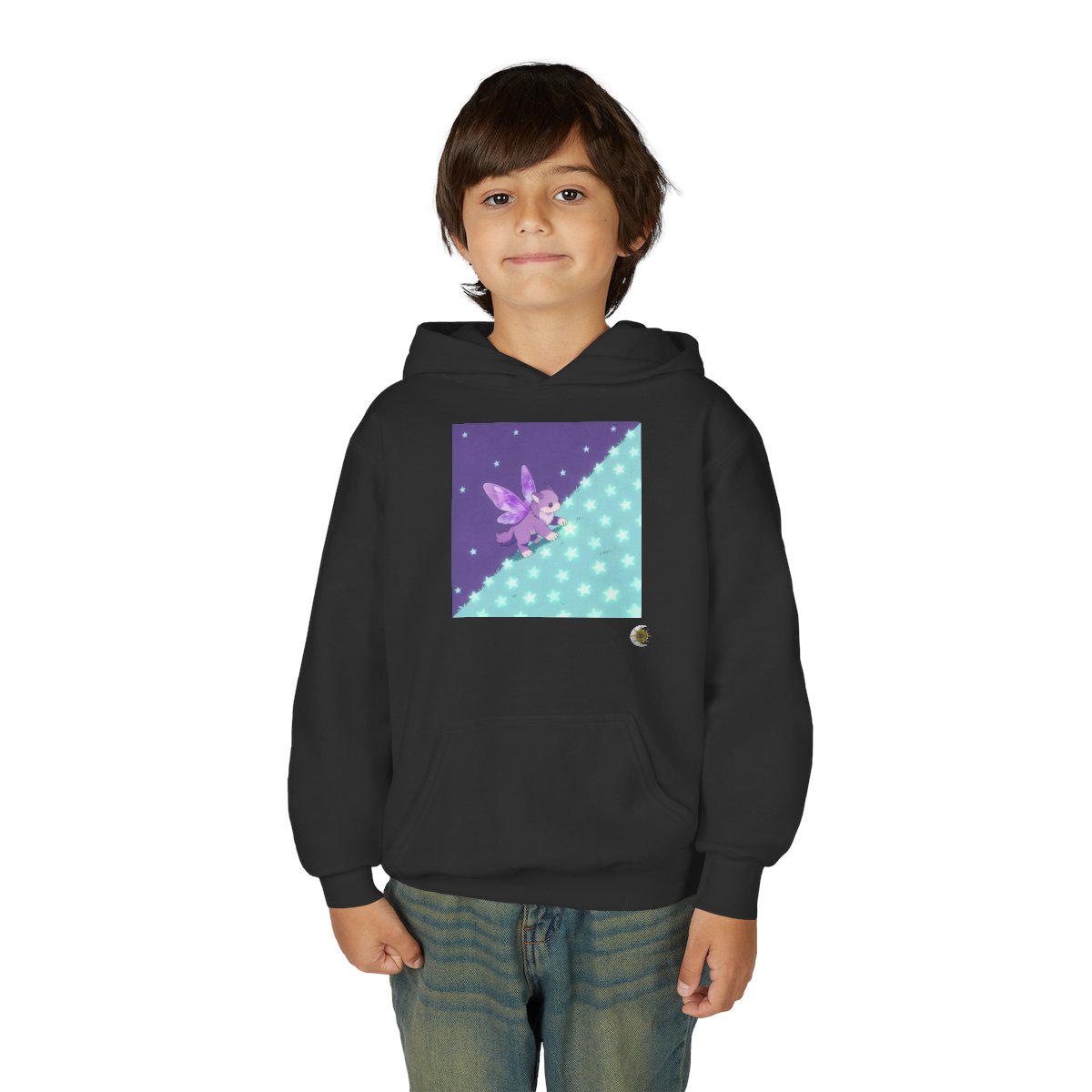 HD Violet Starwanderer Youth Pullover Hoodie in Black, front view on a model.