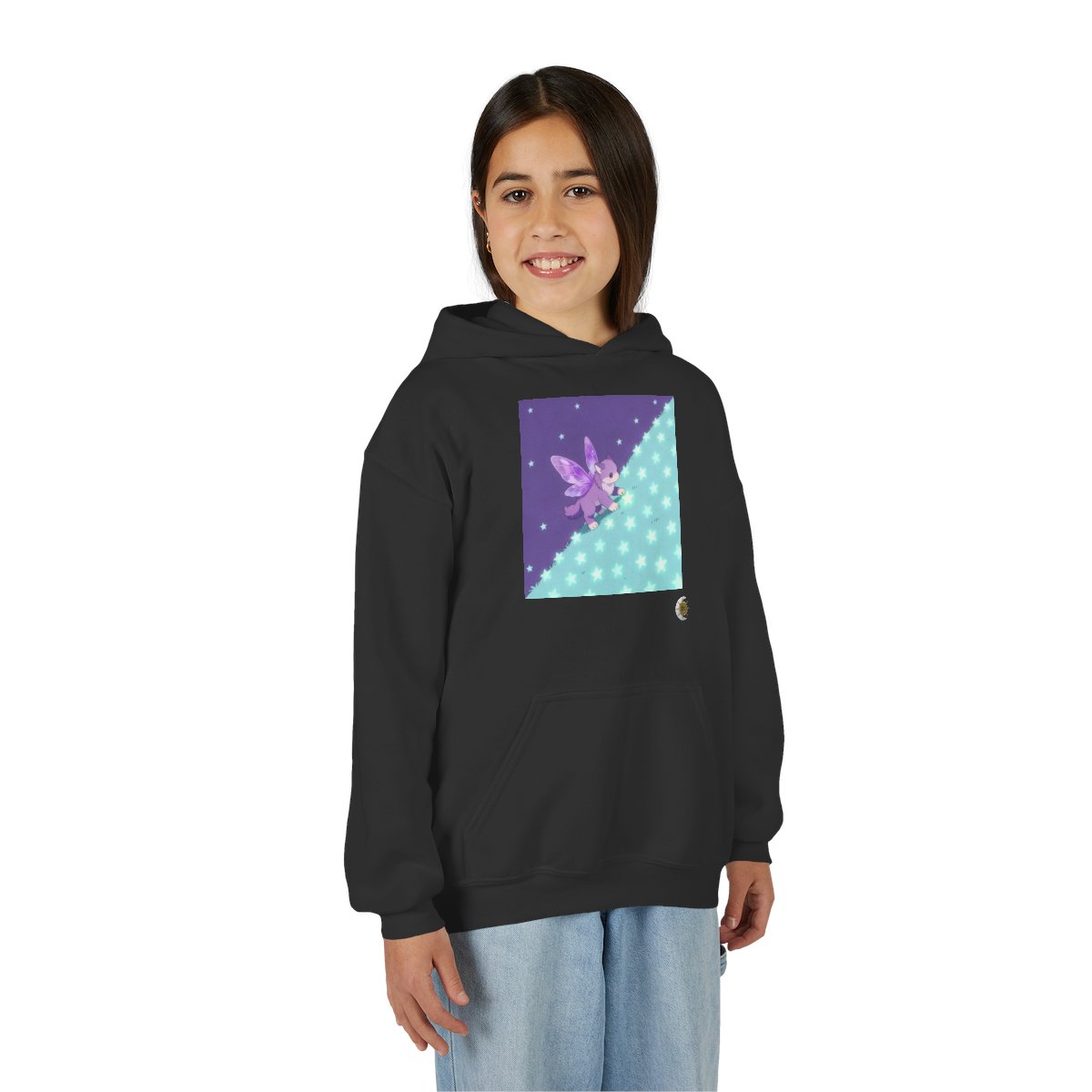 HD Violet Starwanderer Youth Pullover Hoodie in Black, front view on a model.