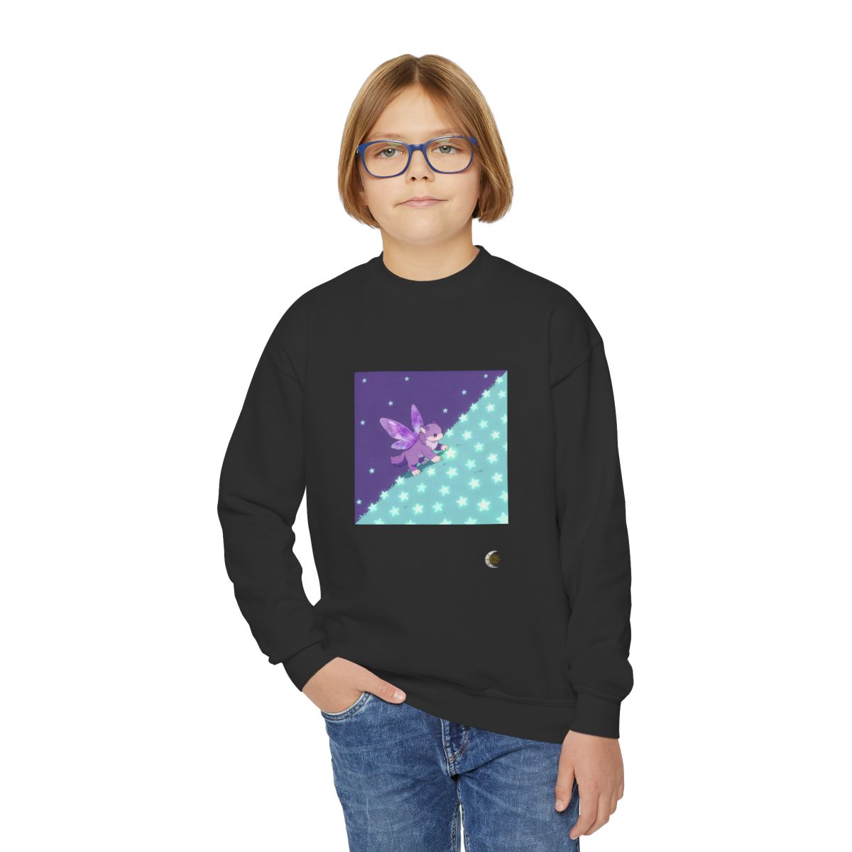 HD Violet Starwanderer Youth Crewneck Sweatshirt in Black, front view on a model.