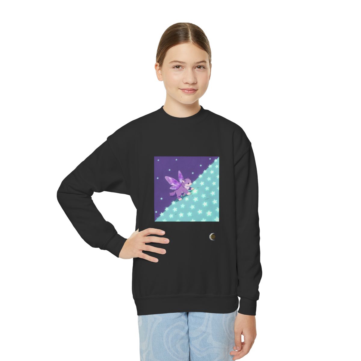 HD Violet Starwanderer Youth Crewneck Sweatshirt in Black, front view on a model.