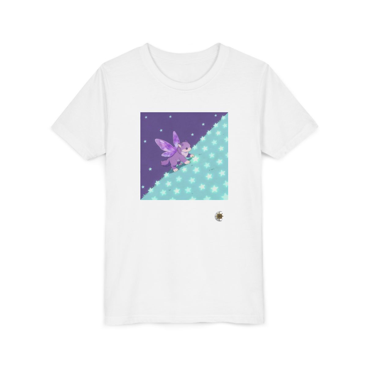 HD Violet Starwanderer Youth Short Sleeve Tee in White, front view laid flat.