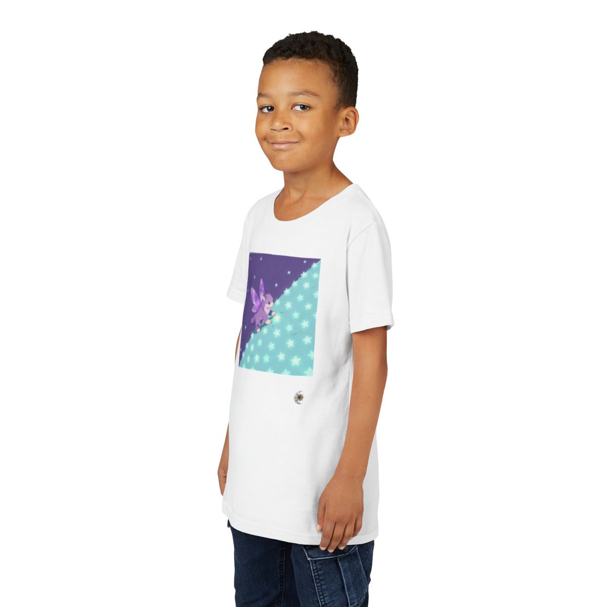 HD Violet Starwanderer Youth Short Sleeve Tee in White, front view on a model.