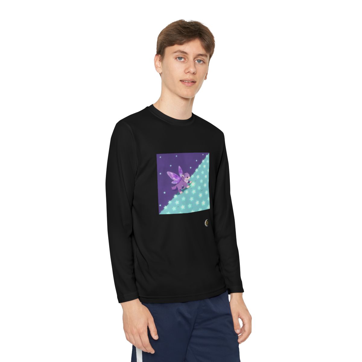 HD Violet Starwanderer Youth Long Sleeve Competitor Tee in Black, front view on a model.