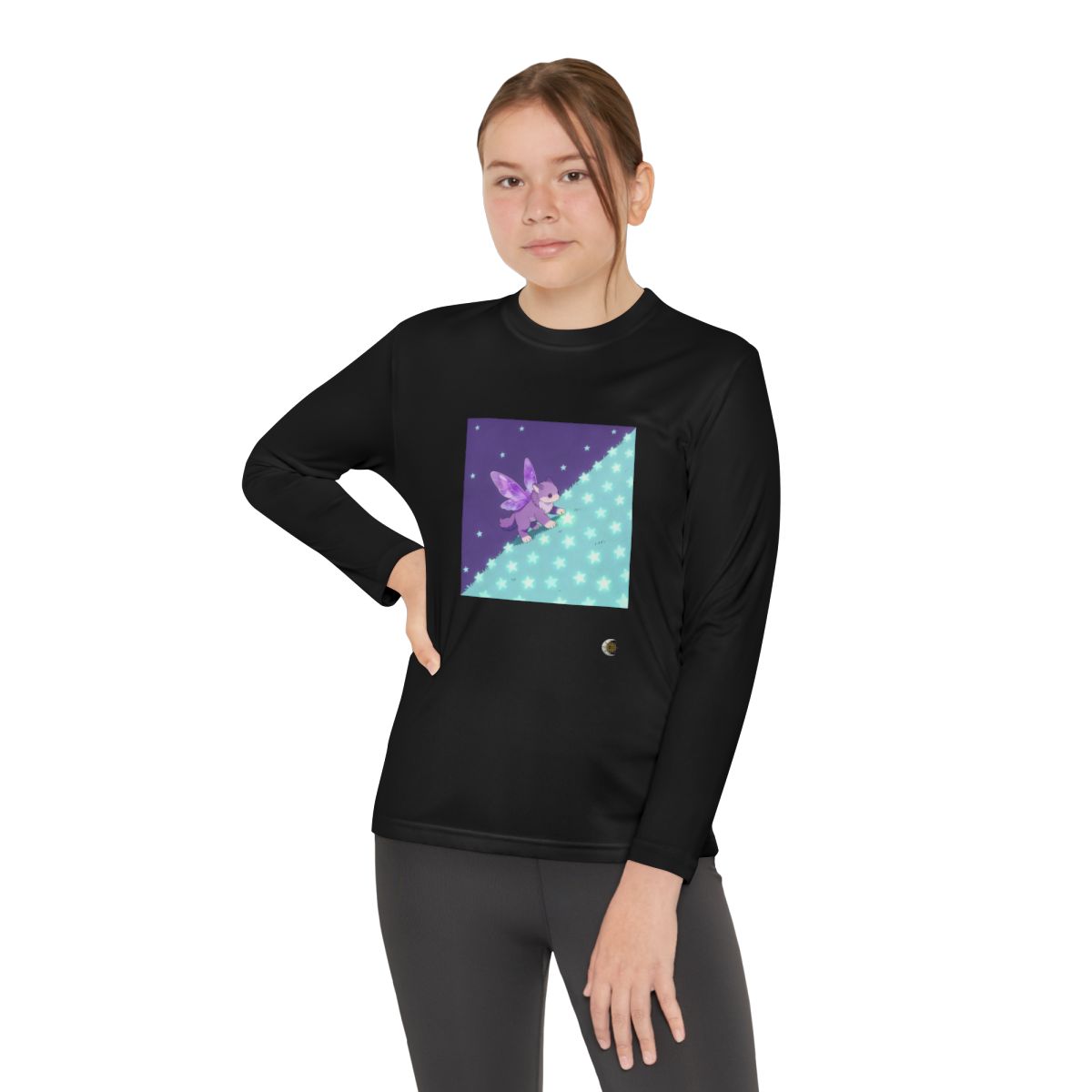 HD Violet Starwanderer Youth Long Sleeve Competitor Tee in Black, front view on a model.