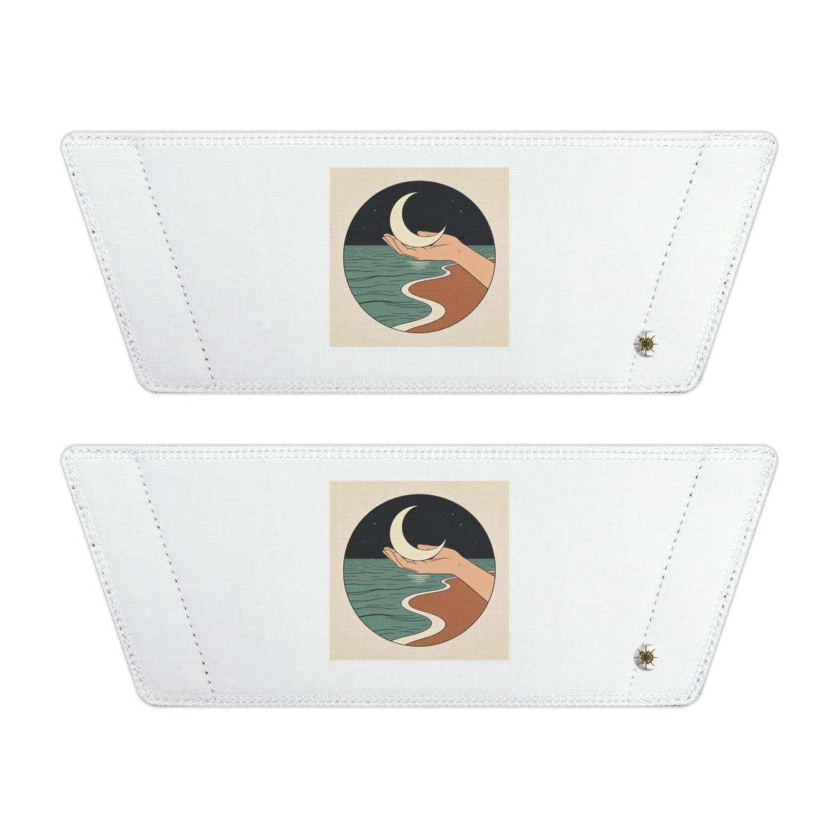 Front of both removable straps with HD Moon in Hand artwork and separate HD marks