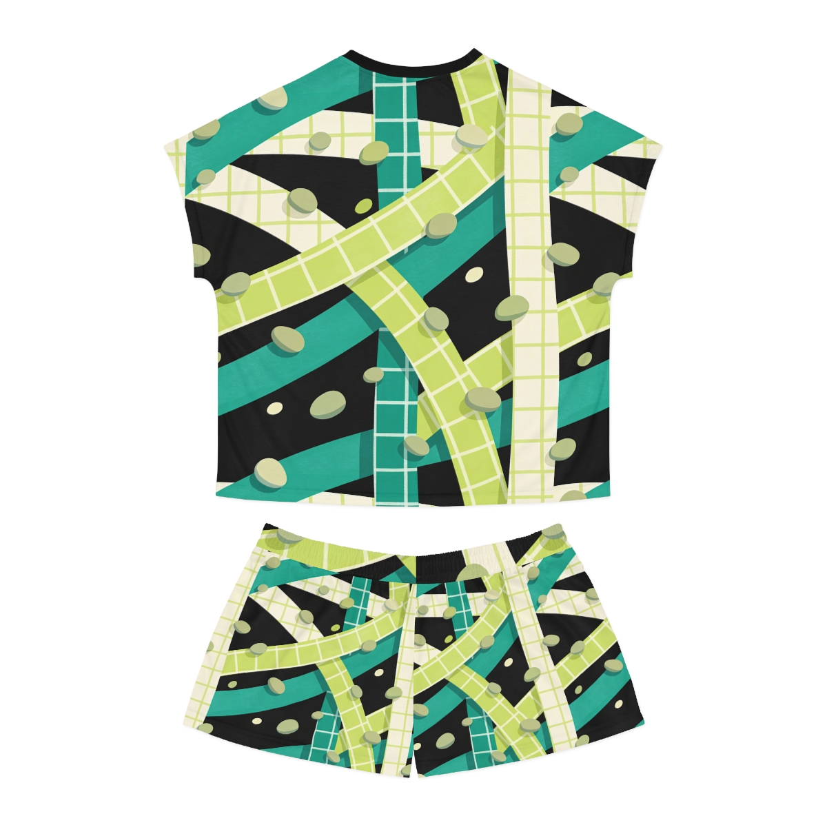 HD Teal Grid Women's Short Pajama Set, other view.