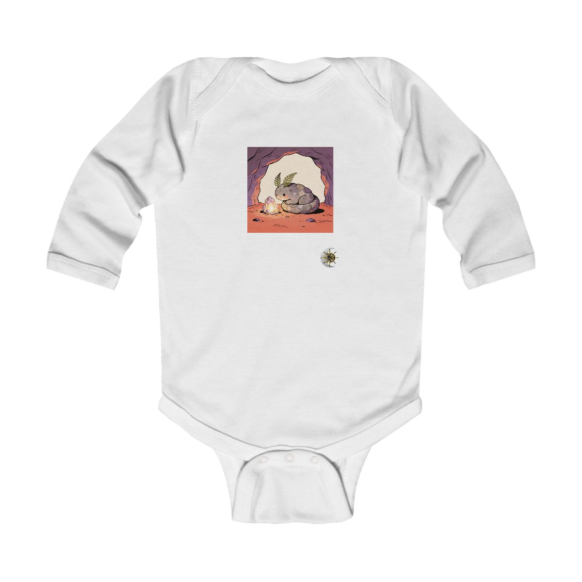 HD Pebble creature with fern ears curled beside a glowing mineral Infant Long Sleeve Bodysuit