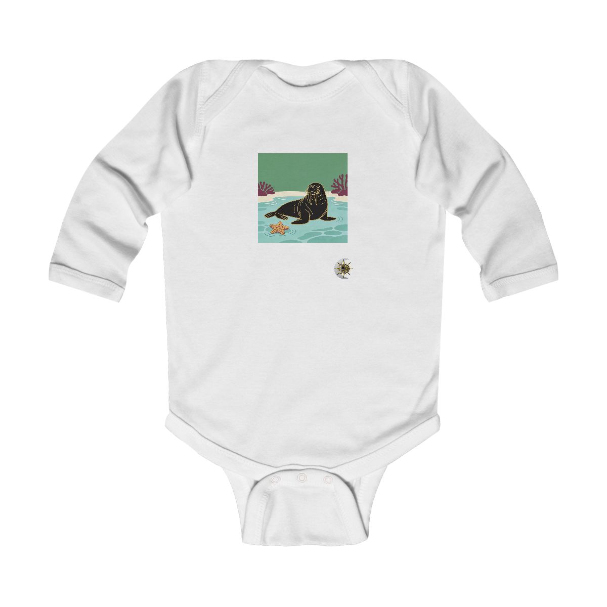 HD Walrus resting near a star-shaped sea sponge Infant Long Sleeve Bodysuit