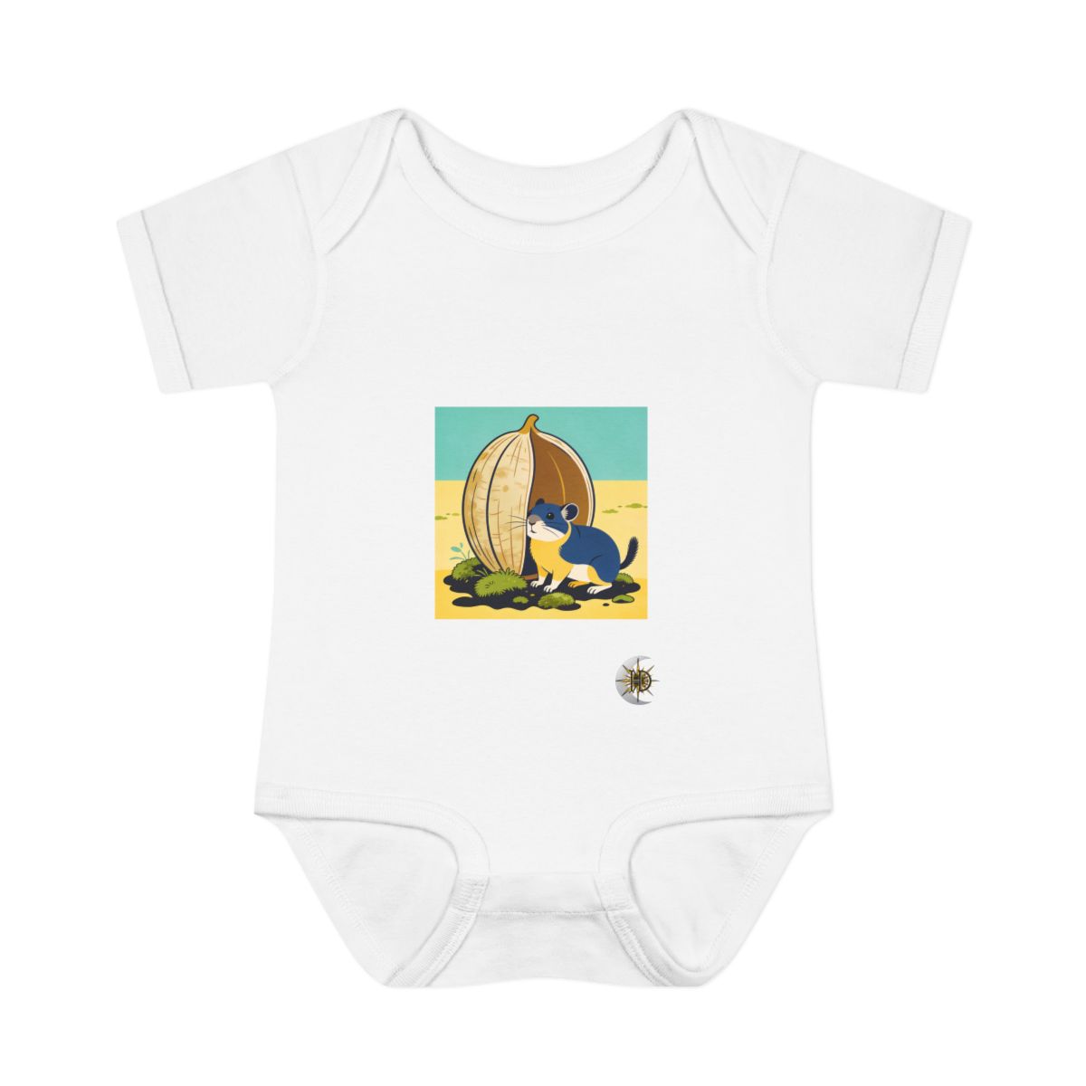 HD Pika peeking around a giant seedpod Infant Baby Rib Bodysuit