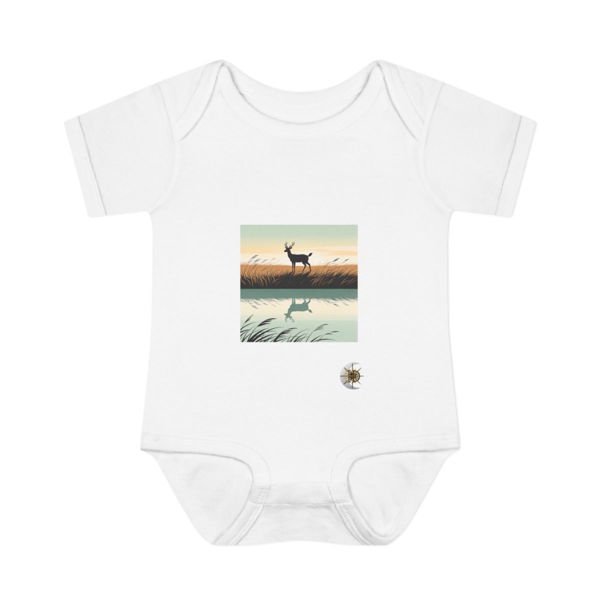 HD Windswept meadow reflected in a broad band of still water Infant Baby Rib Bodysuit