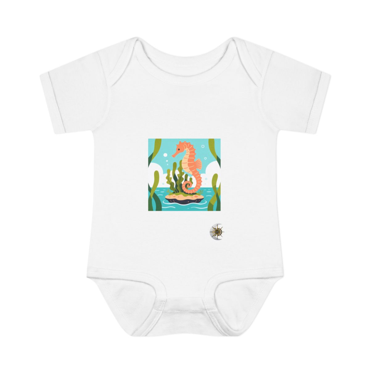 HD Seahorse circling a floating kelp island Infant Baby Rib Bodysuit