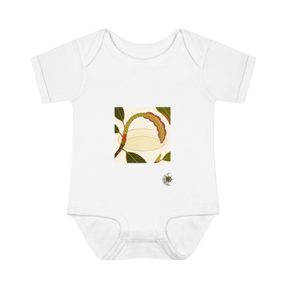 HD Magnolia seedpod arching across a rounded pool of open space Infant Baby Rib Bodysuit