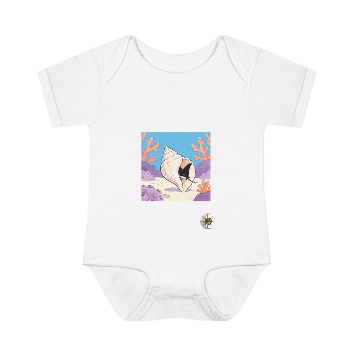 HD Tiny manta ray peeking from behind an oversized shell Infant Baby Rib Bodysuit