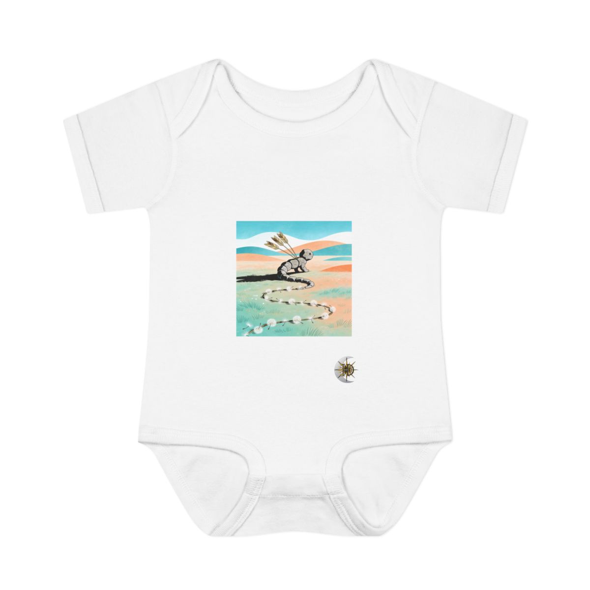 HD Stone creature with reed wings following a looping trail of seed fluff Infant Baby Rib Bodysuit