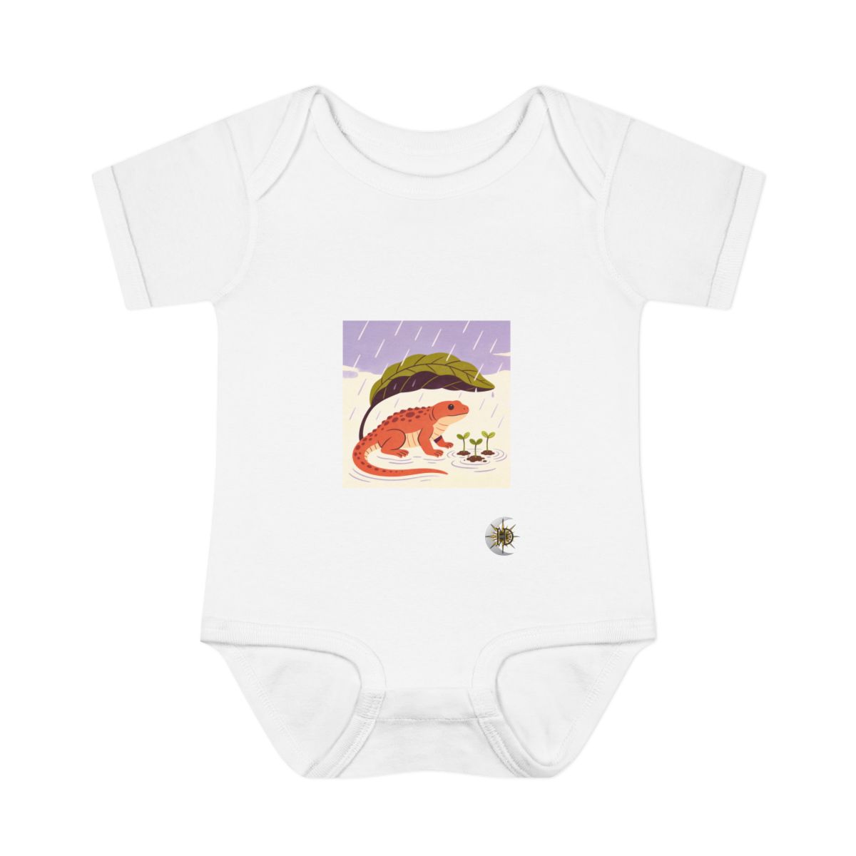 HD Pond creature with a leafy tail sheltering three little sprouts Infant Baby Rib Bodysuit