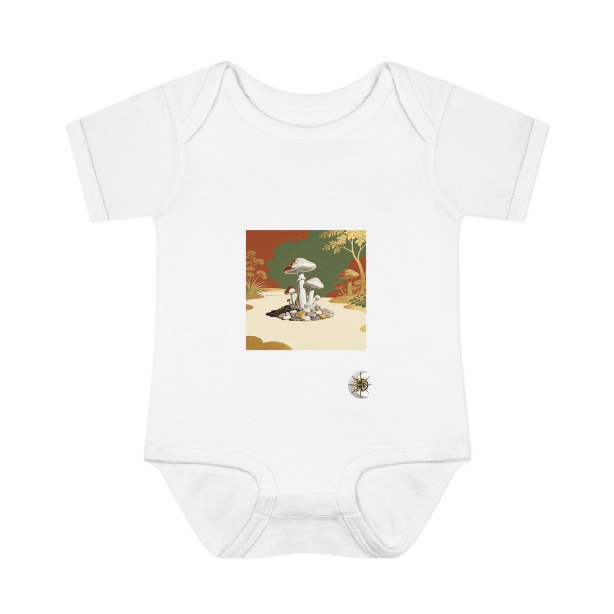 HD Porcelain mushrooms rising from an island of smooth pebbles Infant Baby Rib Bodysuit
