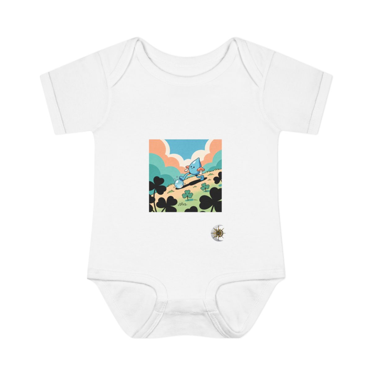 HD Droplet creature with mushroom legs gently rolling a dew drop uphill Infant Baby Rib Bodysuit