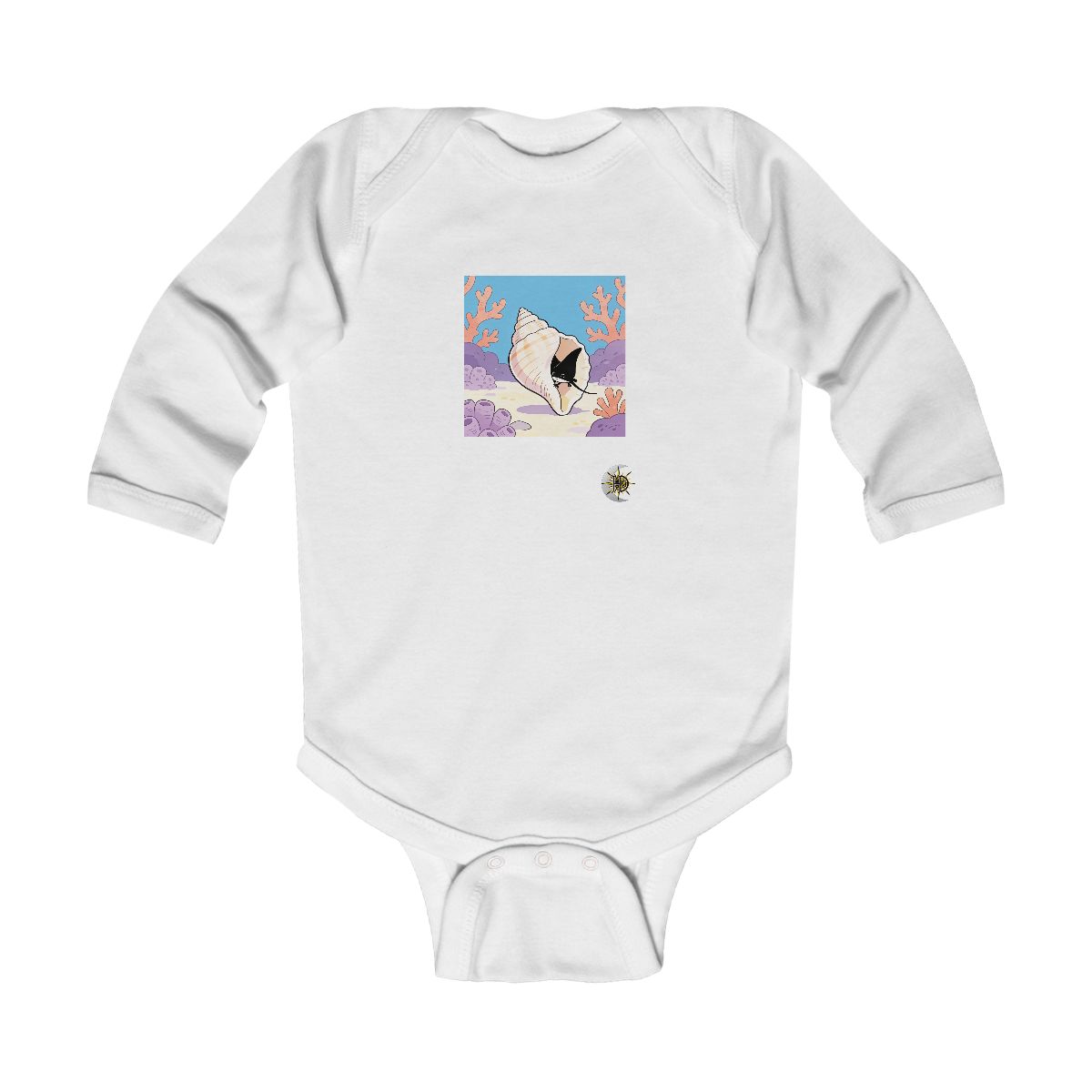 HD Tiny manta ray peeking from behind an oversized shell Infant Long Sleeve Bodysuit