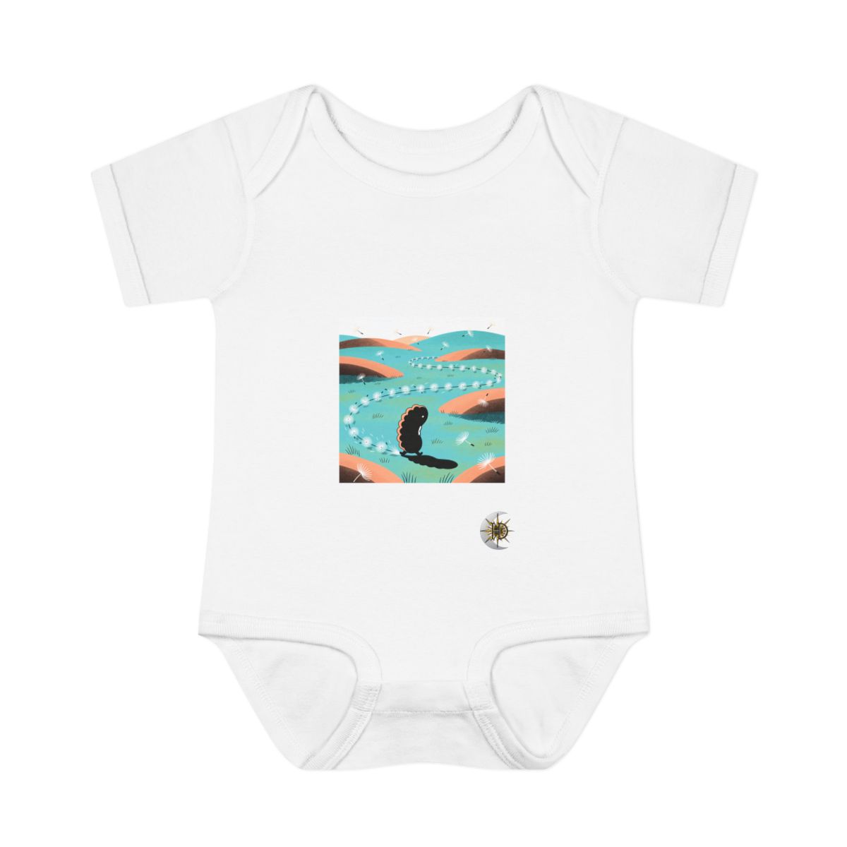 HD Bean creature with a scalloped back following a looping trail of seed fluff Infant Baby Rib Bodysuit