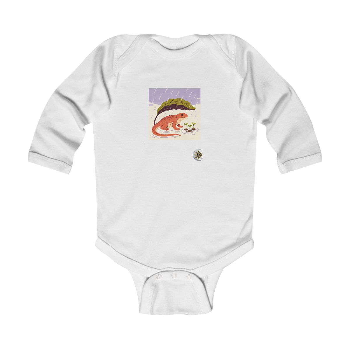 HD Pond creature with a leafy tail sheltering three little sprouts Infant Long Sleeve Bodysuit