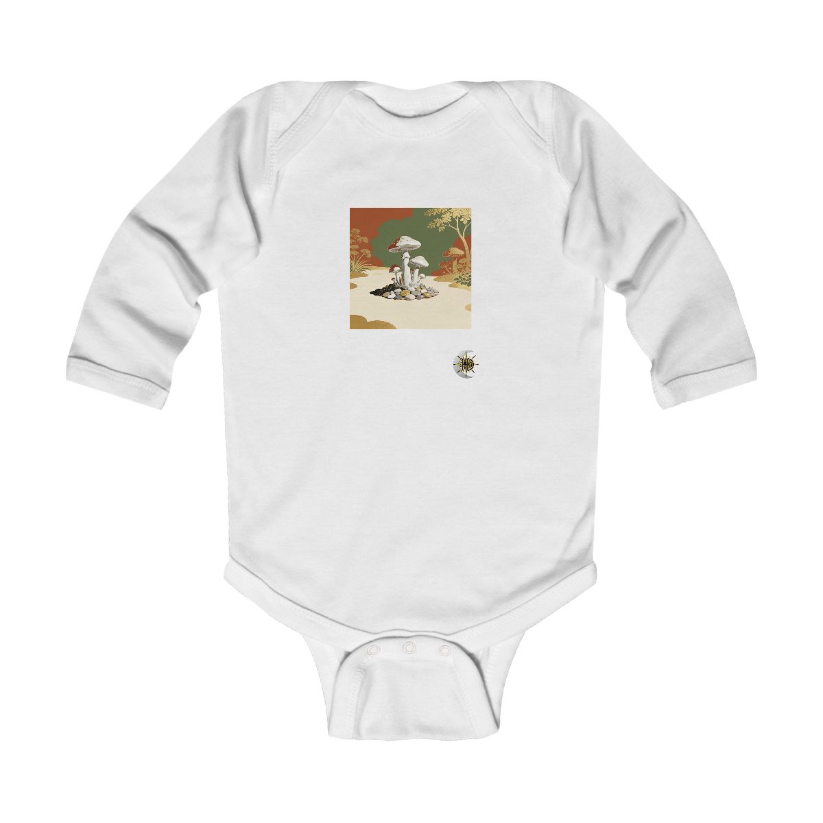 HD Porcelain mushrooms rising from an island of smooth pebbles Infant Long Sleeve Bodysuit