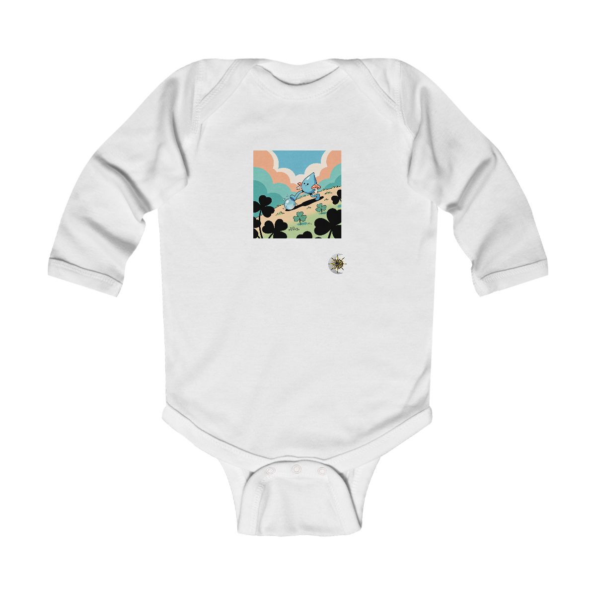 HD Droplet creature with mushroom legs gently rolling a dew drop uphill Infant Long Sleeve Bodysuit
