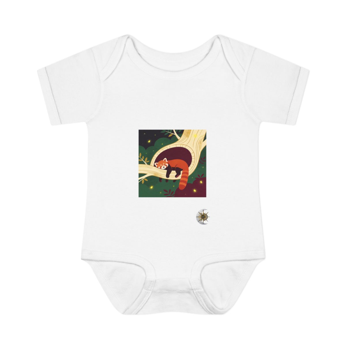 HD Red panda napping inside a curved hollow branch Infant Baby Rib Bodysuit