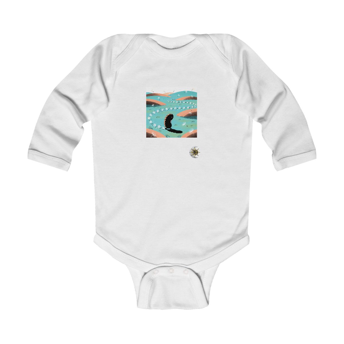 HD Bean creature with a scalloped back following a looping trail of seed fluff Infant Long Sleeve Bodysuit