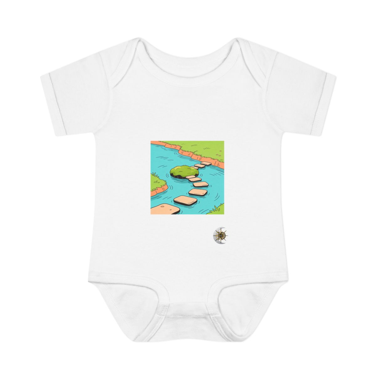 HD Floating moss island connected to a distant bank by stepping stones Infant Baby Rib Bodysuit