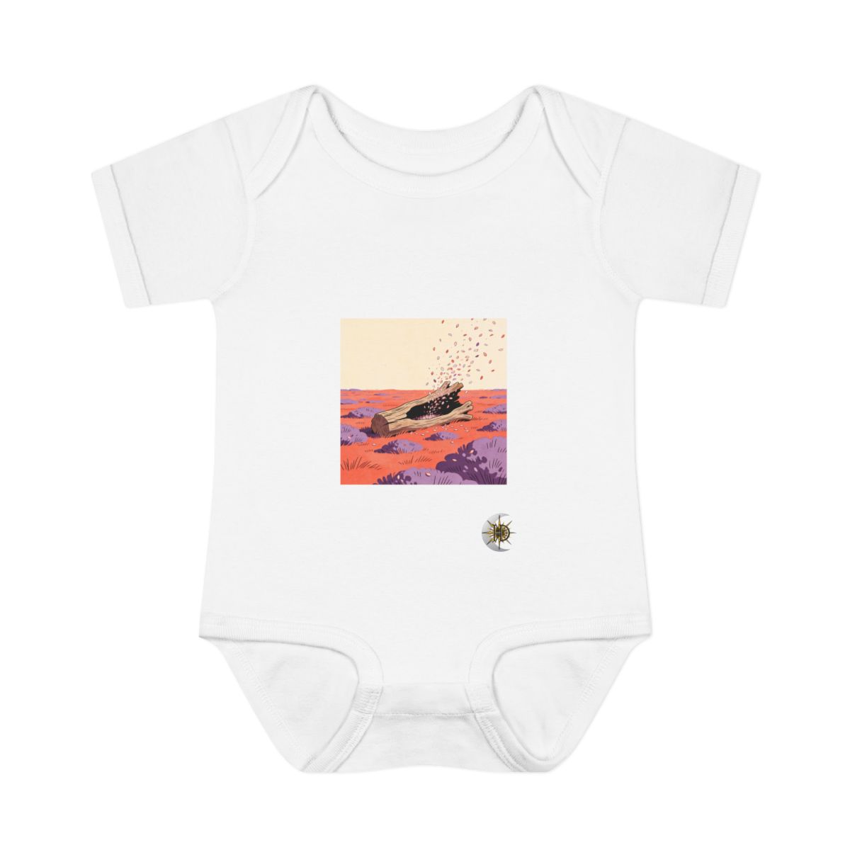 HD Driftwood nook receiving a shower of falling petals Infant Baby Rib Bodysuit