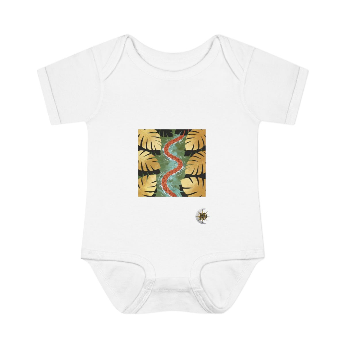 HD Braided stream framed by overlapping leaf silhouettes Infant Baby Rib Bodysuit