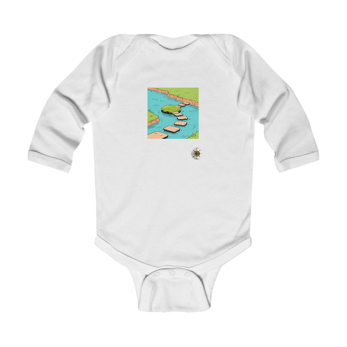 HD Floating moss island connected to a distant bank by stepping stones Infant Long Sleeve Bodysuit