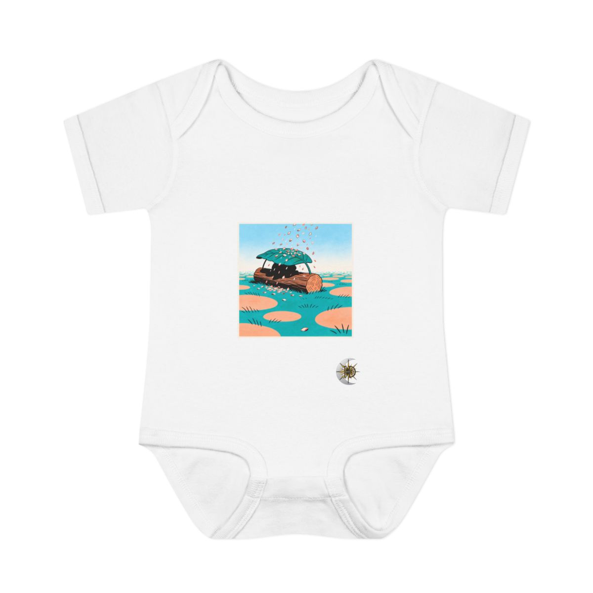 HD Log with a leaf roof receiving a shower of falling petals Infant Baby Rib Bodysuit