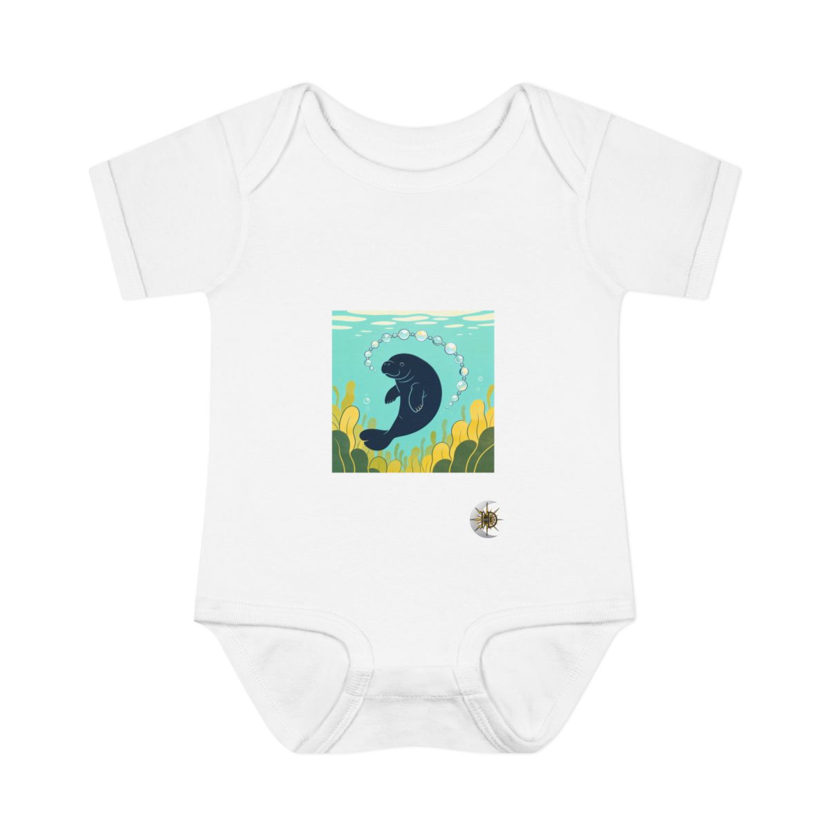 HD Manatee chasing a looping chain of bubbles Infant Baby Rib Bodysuit