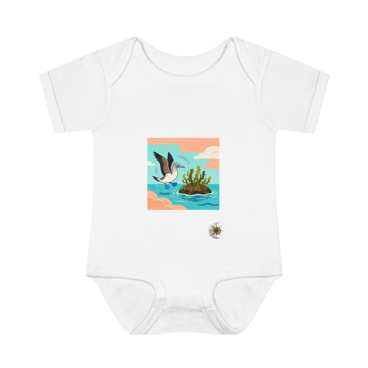 HD Blue-footed booby circling a floating kelp island Infant Baby Rib Bodysuit