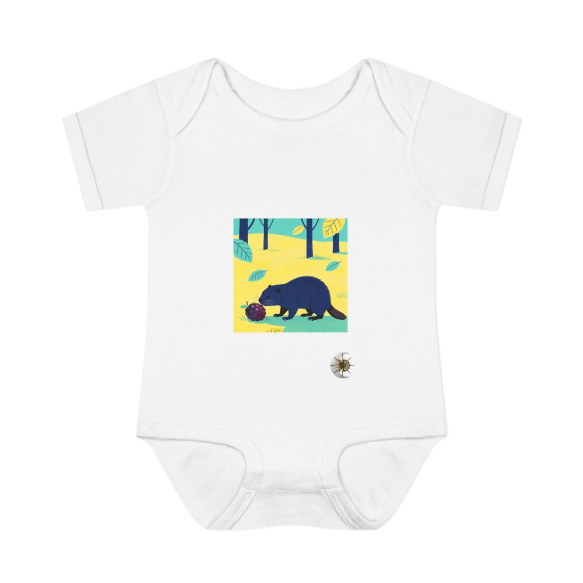 HD Beaver investigating an oversized berry Infant Baby Rib Bodysuit