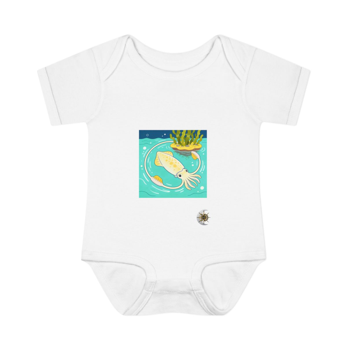 HD Cuttlefish circling a floating kelp island Infant Baby Rib Bodysuit