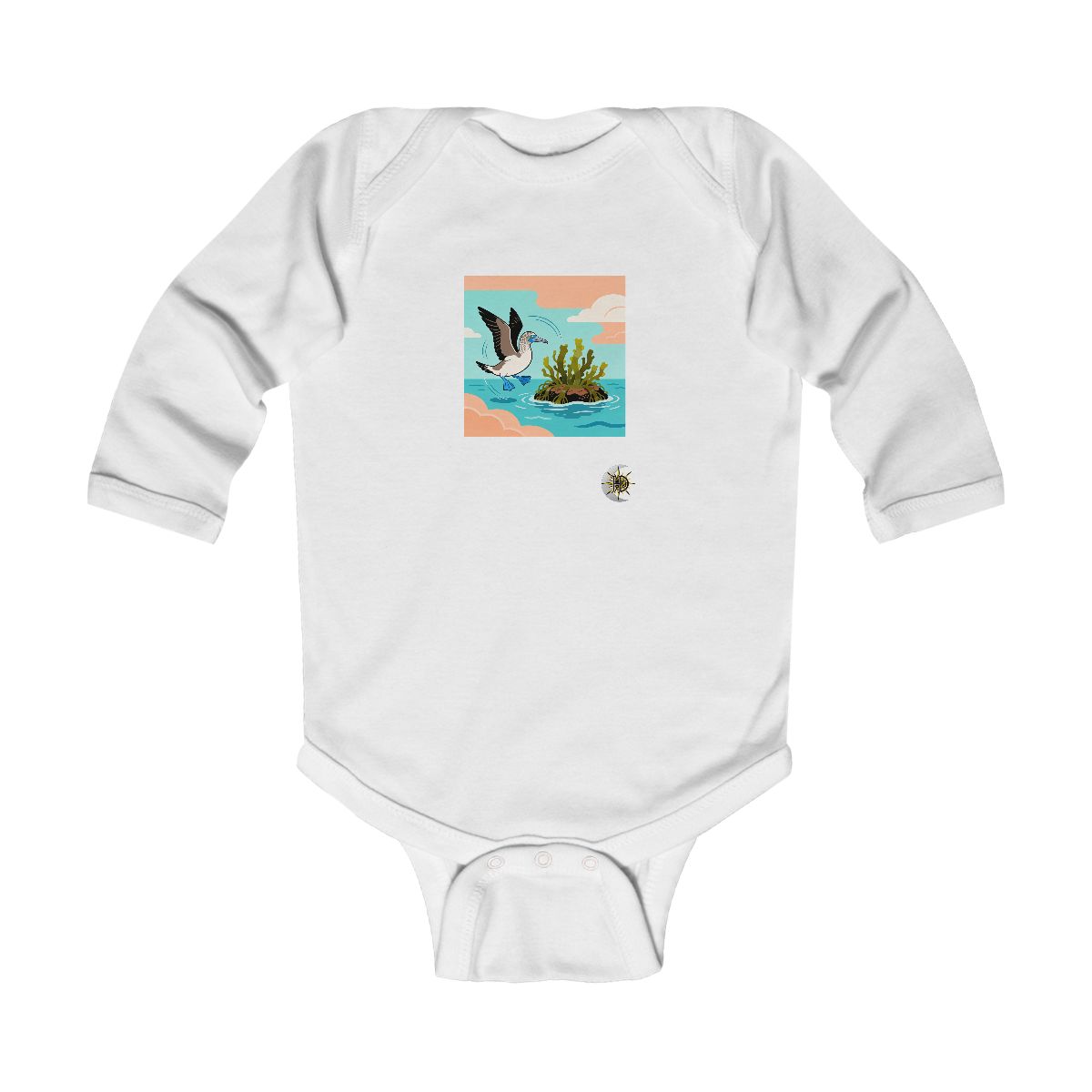 HD Blue-footed booby circling a floating kelp island Infant Long Sleeve Bodysuit