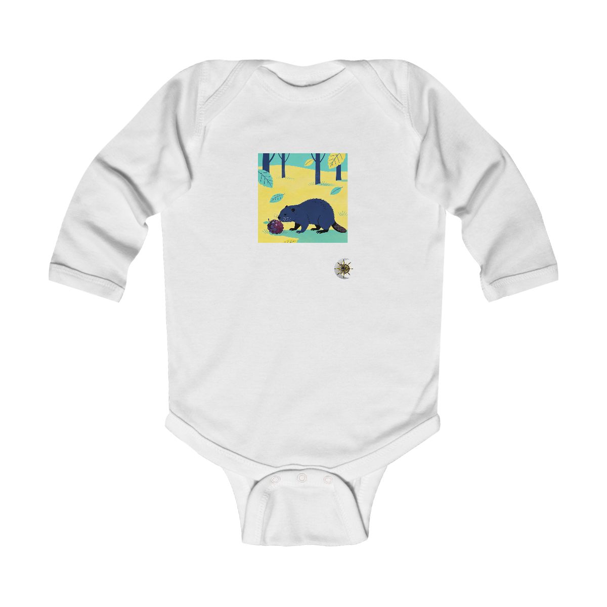 HD Beaver investigating an oversized berry Infant Long Sleeve Bodysuit