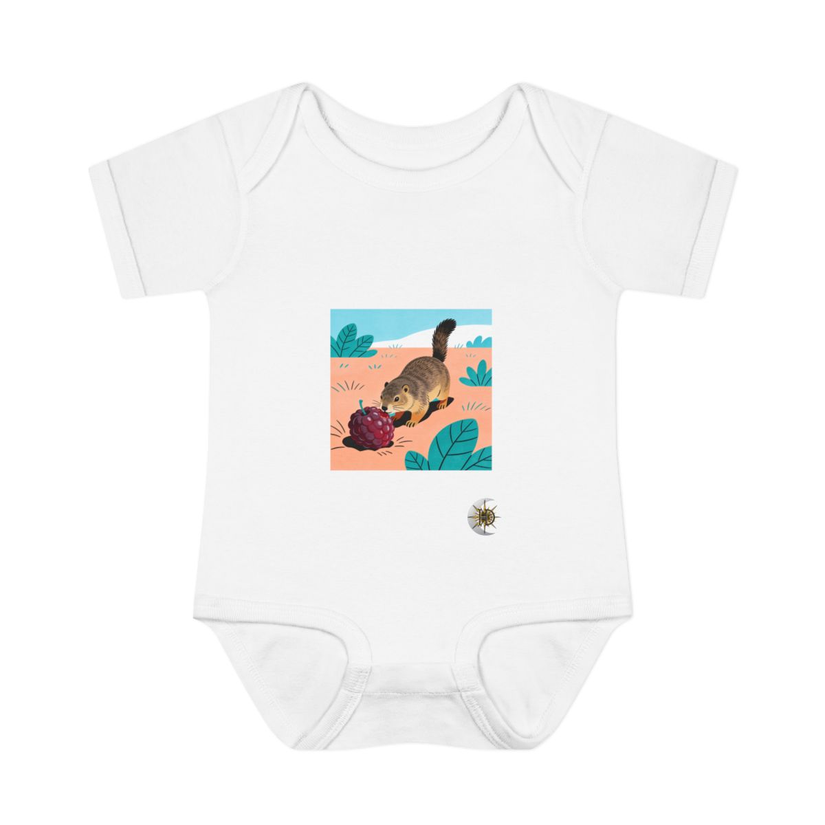 HD Marmot investigating an oversized berry Infant Baby Rib Bodysuit