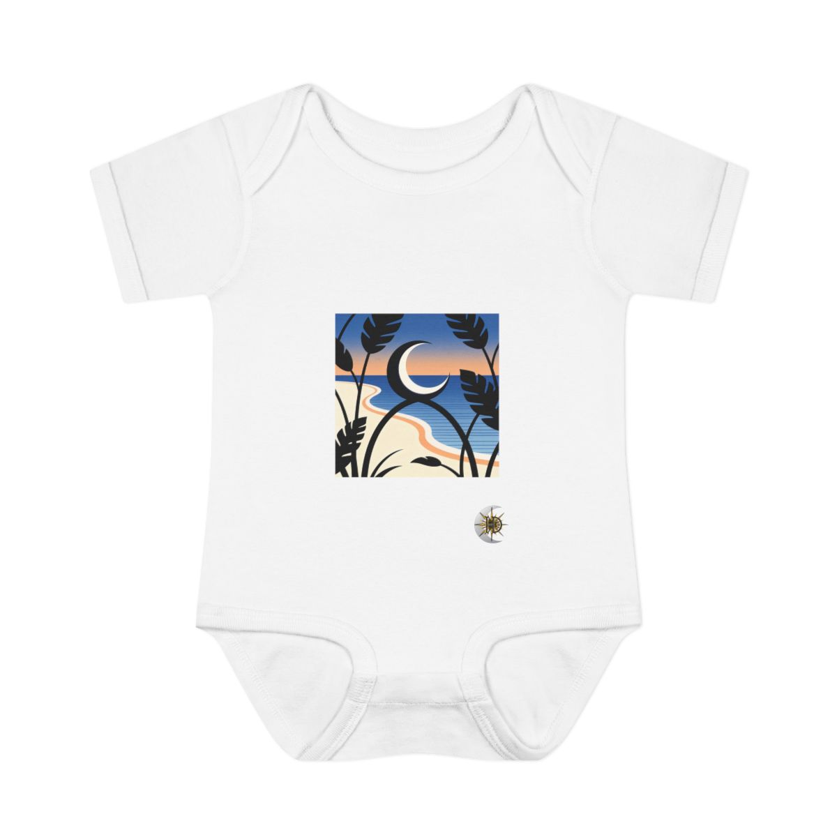 HD Crescent over a curved sea interlocking with broad plant silhouettes Infant Baby Rib Bodysuit