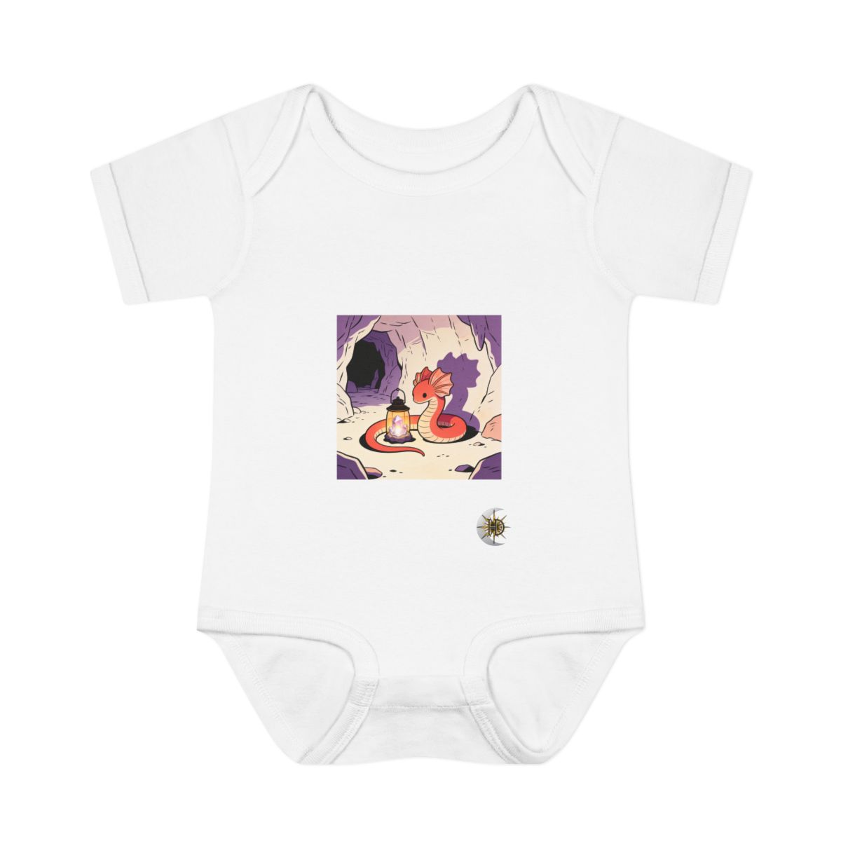 HD Lantern creature with petal gills curled beside a glowing mineral Infant Baby Rib Bodysuit