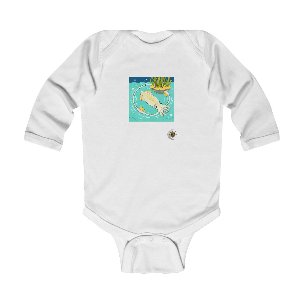 HD Cuttlefish circling a floating kelp island Infant Long Sleeve Bodysuit