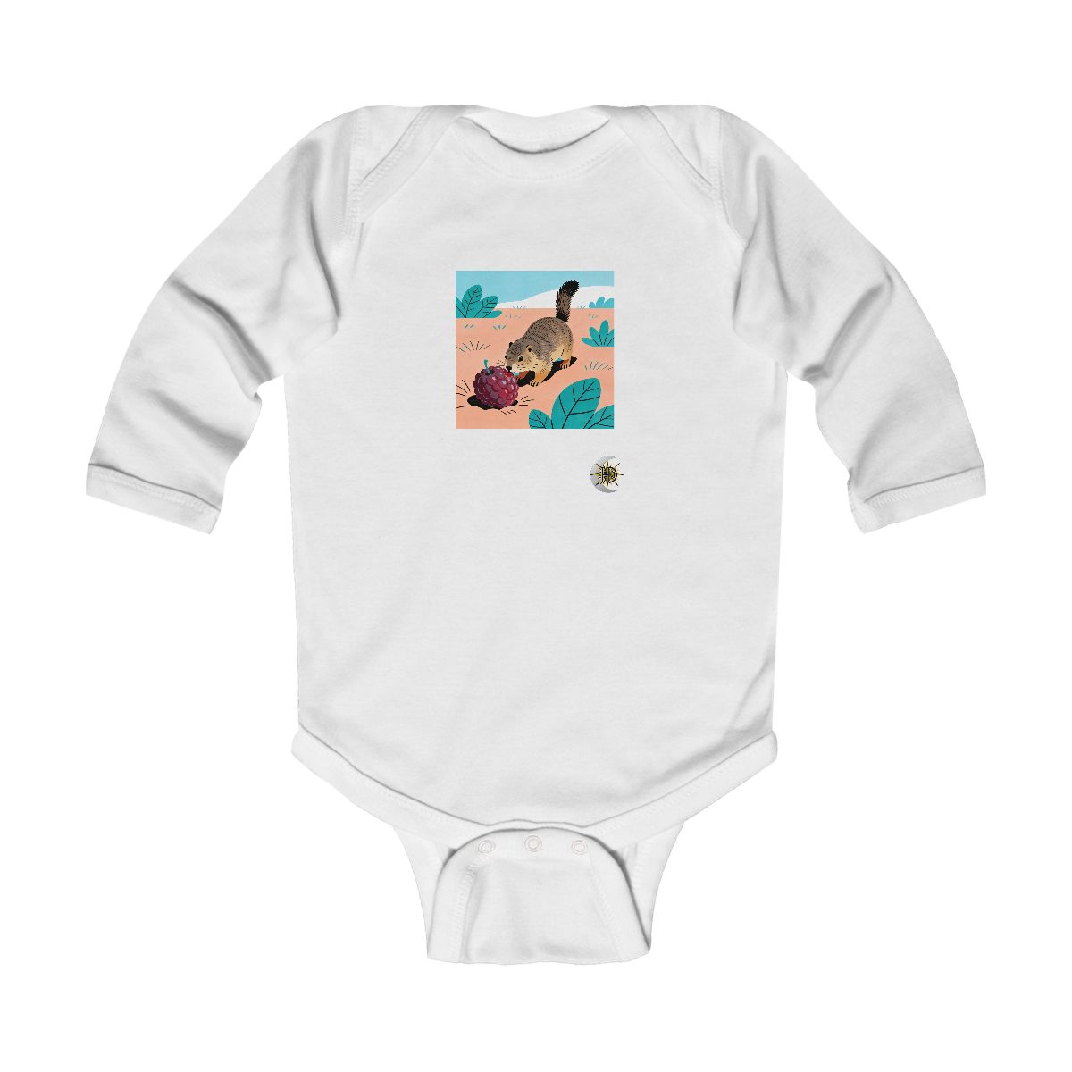 HD Marmot investigating an oversized berry Infant Long Sleeve Bodysuit