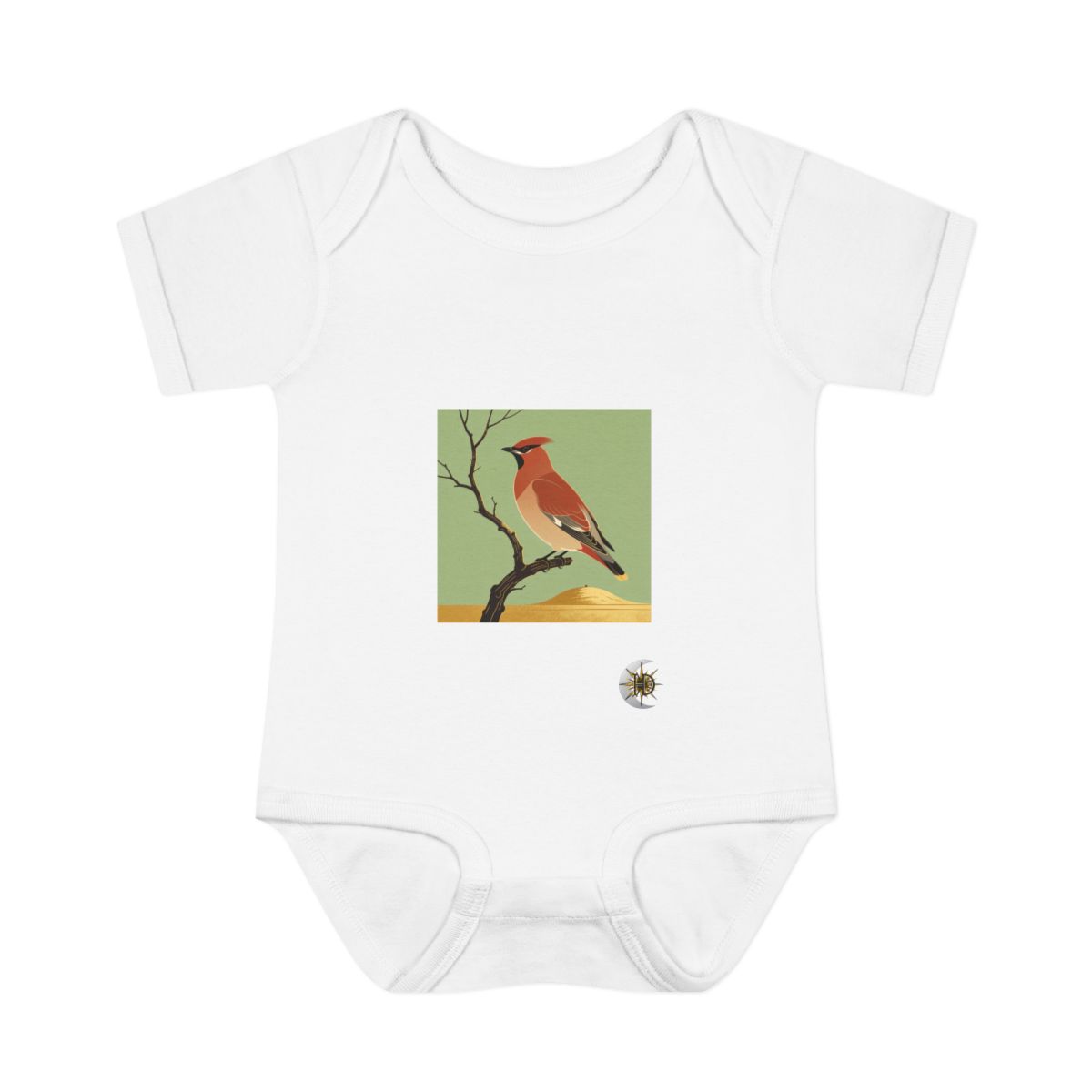 HD Waxwing balancing on a curved bare branch Infant Baby Rib Bodysuit
