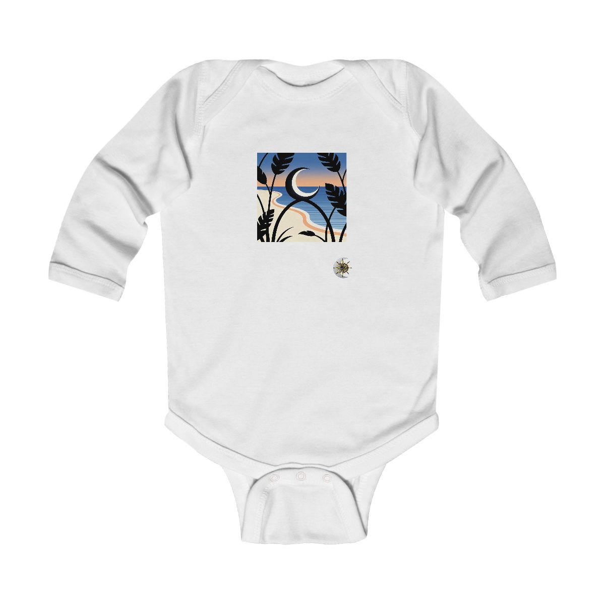 HD Crescent over a curved sea interlocking with broad plant silhouettes Infant Long Sleeve Bodysuit